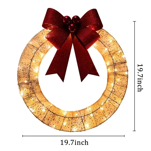 LED Christmas Door Wreath – Light-Up Holiday Garland with Red Bow for Festive Home Décor