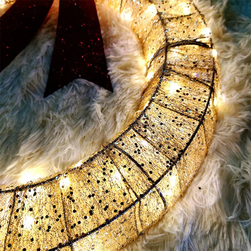 LED Christmas Door Wreath – Light-Up Holiday Garland with Red Bow for Festive Home Décor