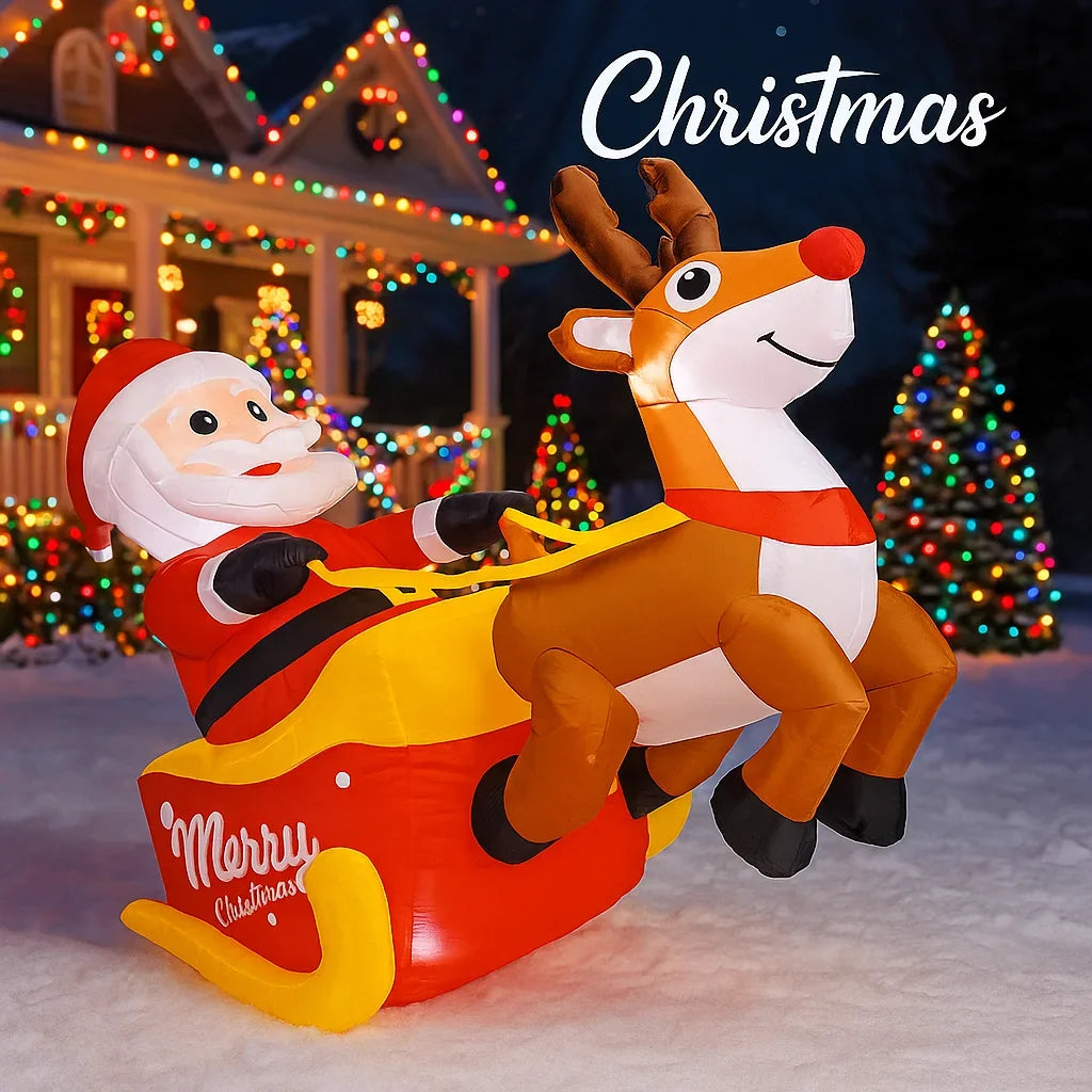 150cm (4.92FT) Inflatable Santa Claus with Reindeer & Sleigh β LED Light-Up Christmas Decoration for Home & Garden