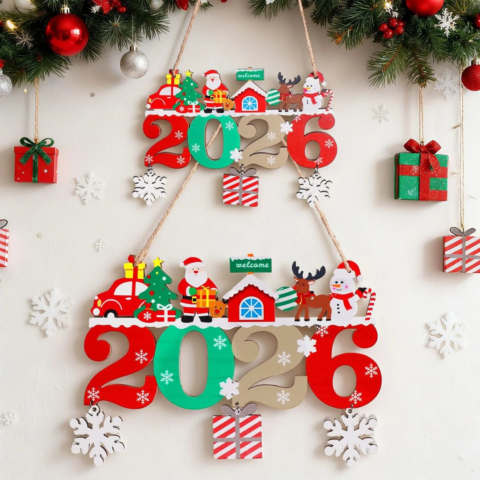 Colorful Wooden Christmas 2026 Hanging Pendants