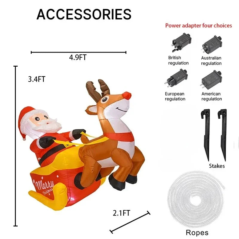 150cm (4.92FT) Inflatable Santa Claus with Reindeer & Sleigh β LED Light-Up Christmas Decoration for Home & Garden