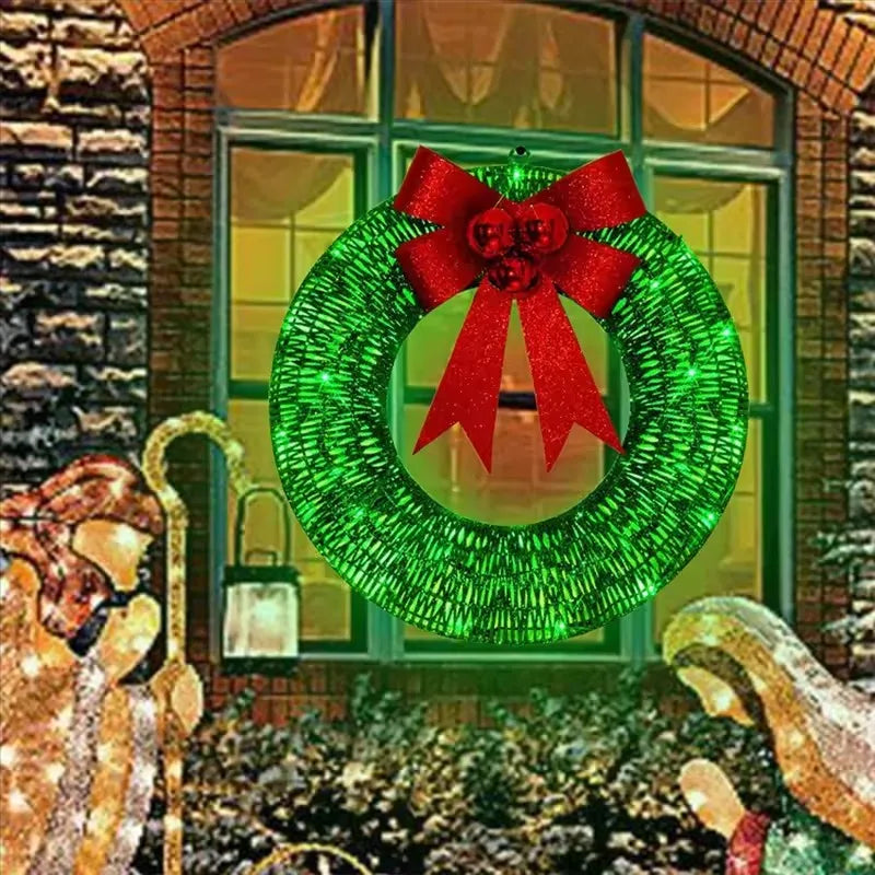 LED Christmas Door Wreath – Light-Up Holiday Garland with Red Bow for Festive Home Décor