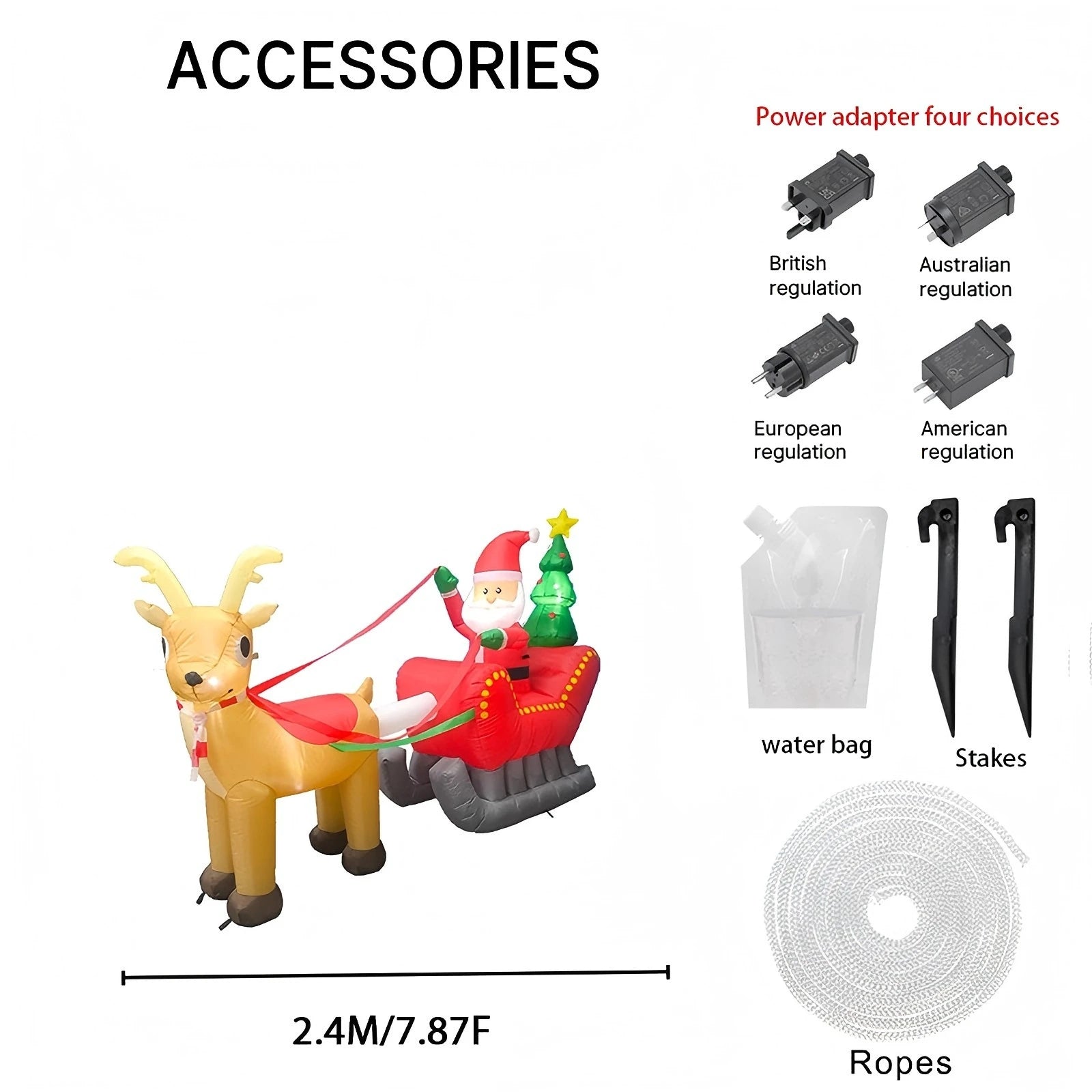 240cm (7.87FT) Giant Inflatable Santa Claus with Sleigh & Reindeer β LED Light-Up Christmas Yard Decoration