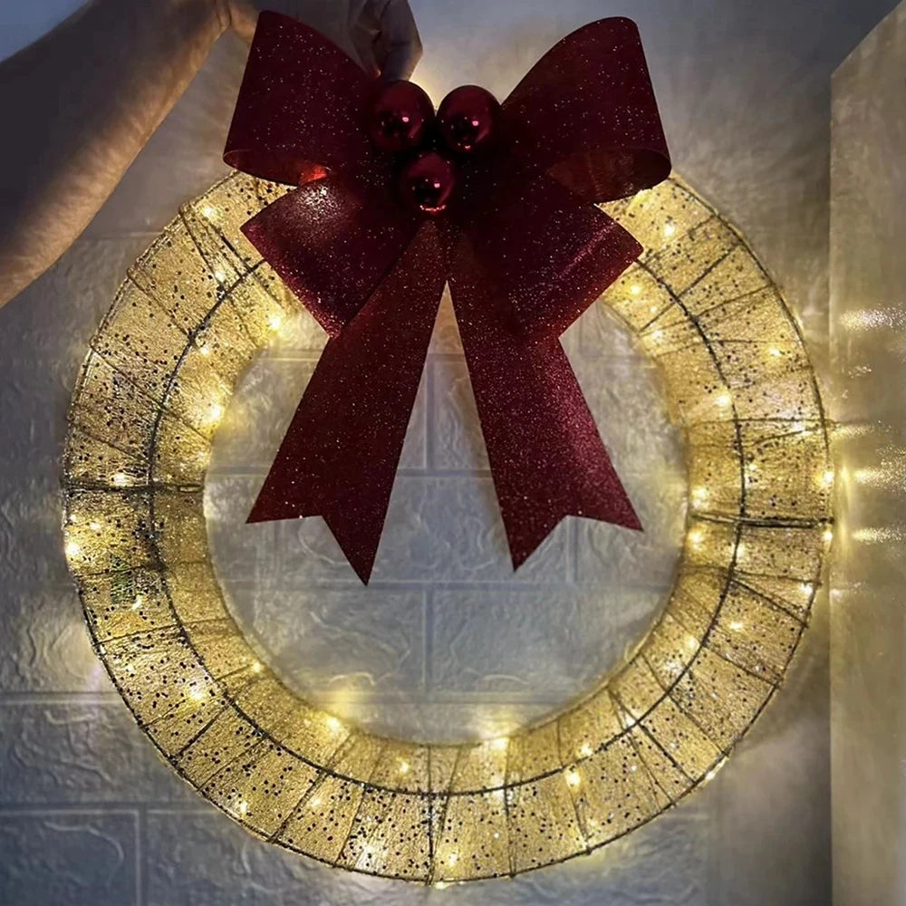LED Christmas Door Wreath – Light-Up Holiday Garland with Red Bow for Festive Home Décor
