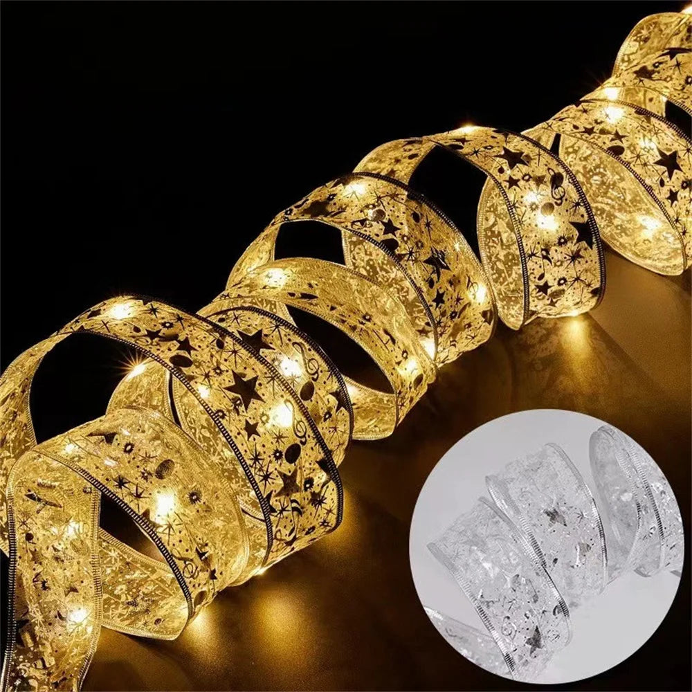 Battery-Operated Christmas Ribbon String Lights – Indoor LED Decoration for Tree