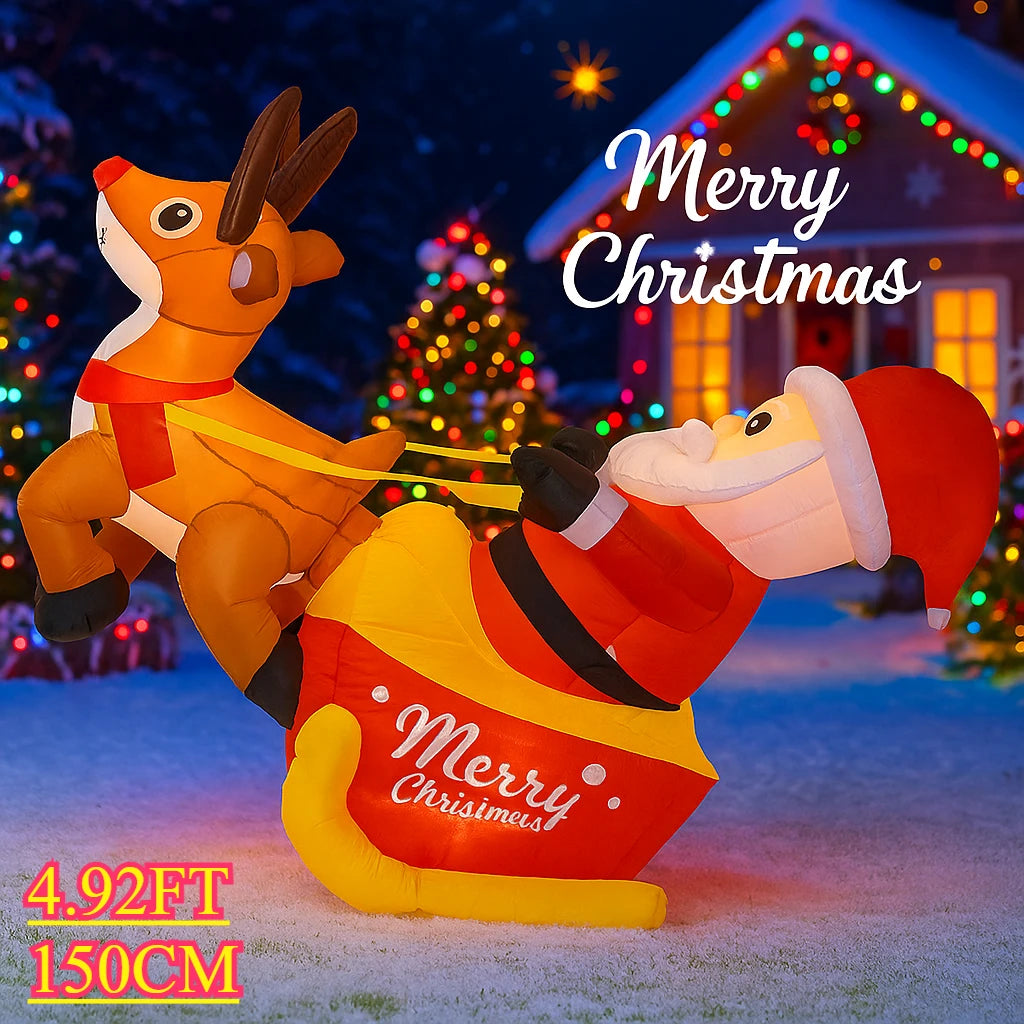 150cm (4.92FT) Inflatable Santa Claus with Reindeer & Sleigh – LED Light-Up Christmas Decoration for Home & Garden