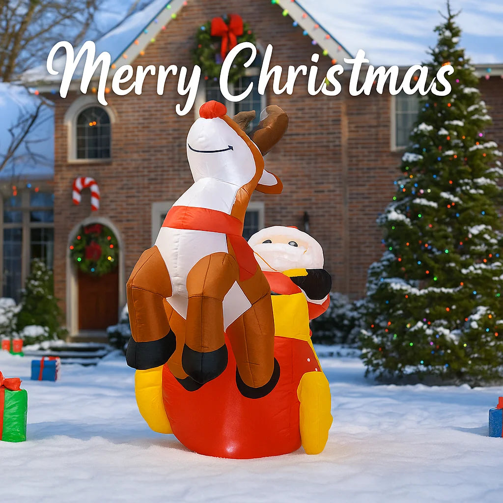 150cm (4.92FT) Inflatable Santa Claus with Reindeer & Sleigh – LED Light-Up Christmas Decoration for Home & Garden