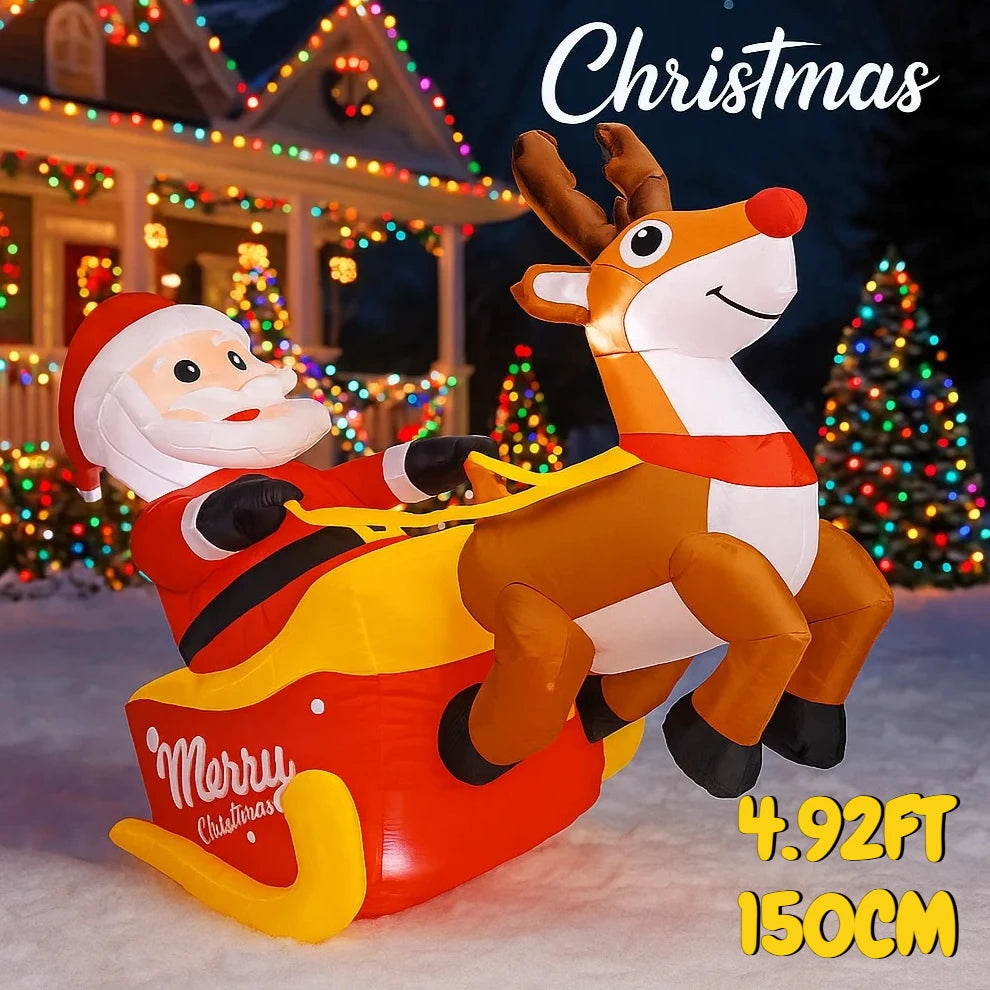 150cm (4.92FT) Inflatable Santa Claus with Reindeer & Sleigh – LED Light-Up Christmas Decoration for Home & Garden